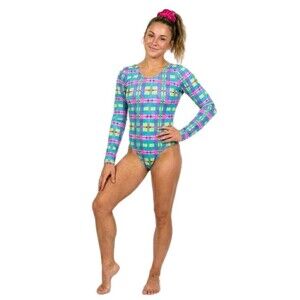 GK Elite VTG 90s Hot Pink Pastel Plaid Lime Green LS Leotard Bodysuit Size AXS